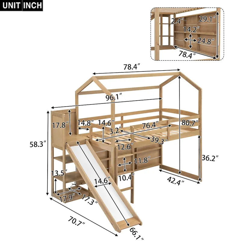 Natural Wood Kids House Loft Bed with Slide and Storage