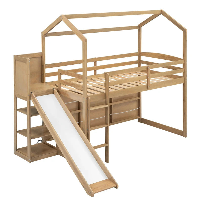 Natural Wood Kids House Loft Bed with Slide and Storage