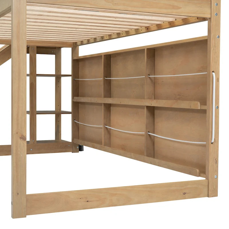 Natural Wood Kids House Loft Bed with Slide and Storage