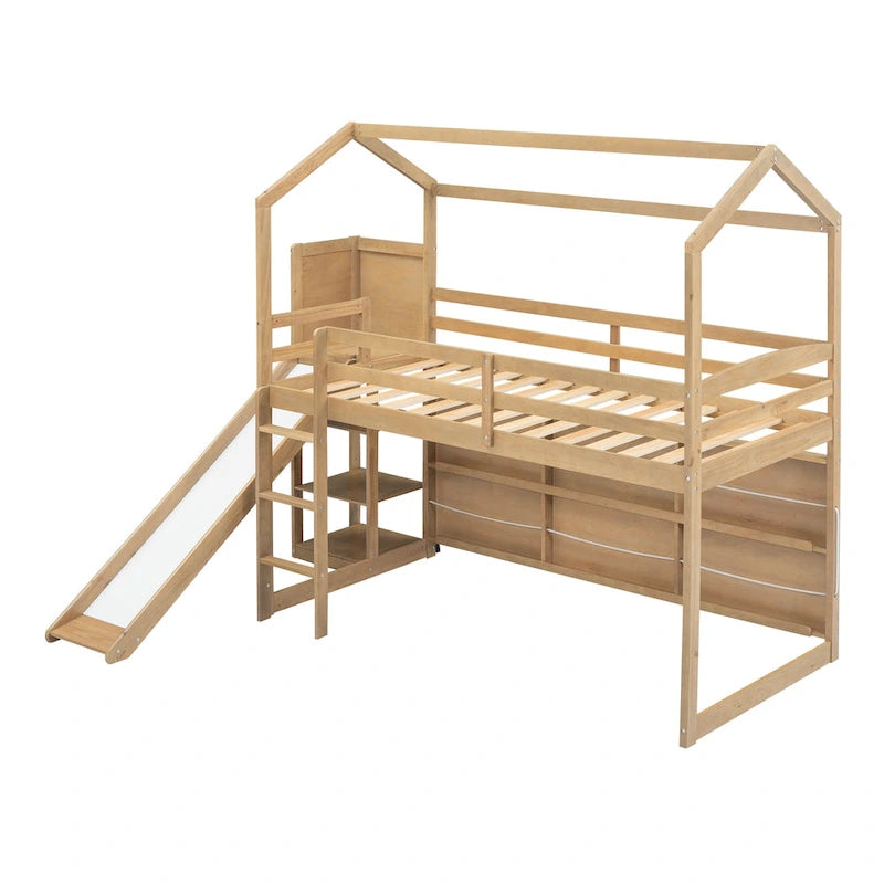 Natural Wood Kids House Loft Bed with Slide and Storage