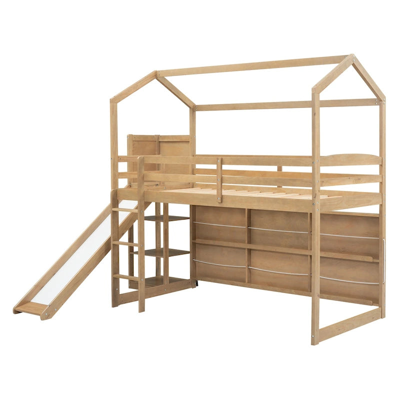 Natural Wood Kids House Loft Bed with Slide and Storage