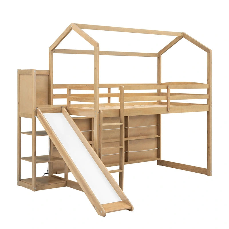 Natural Wood Kids House Loft Bed with Slide and Storage