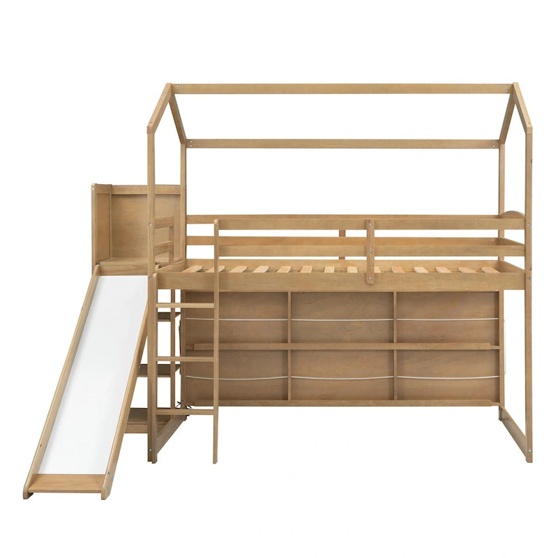 Natural Wood Kids House Loft Bed with Slide and Storage