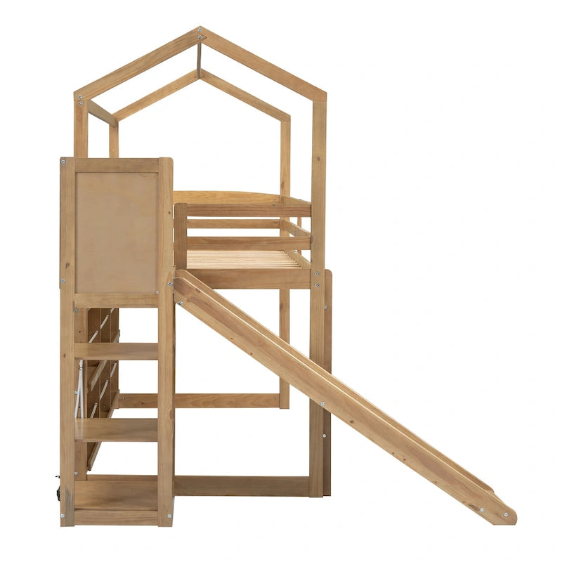 Natural Wood Kids House Loft Bed with Slide and Storage