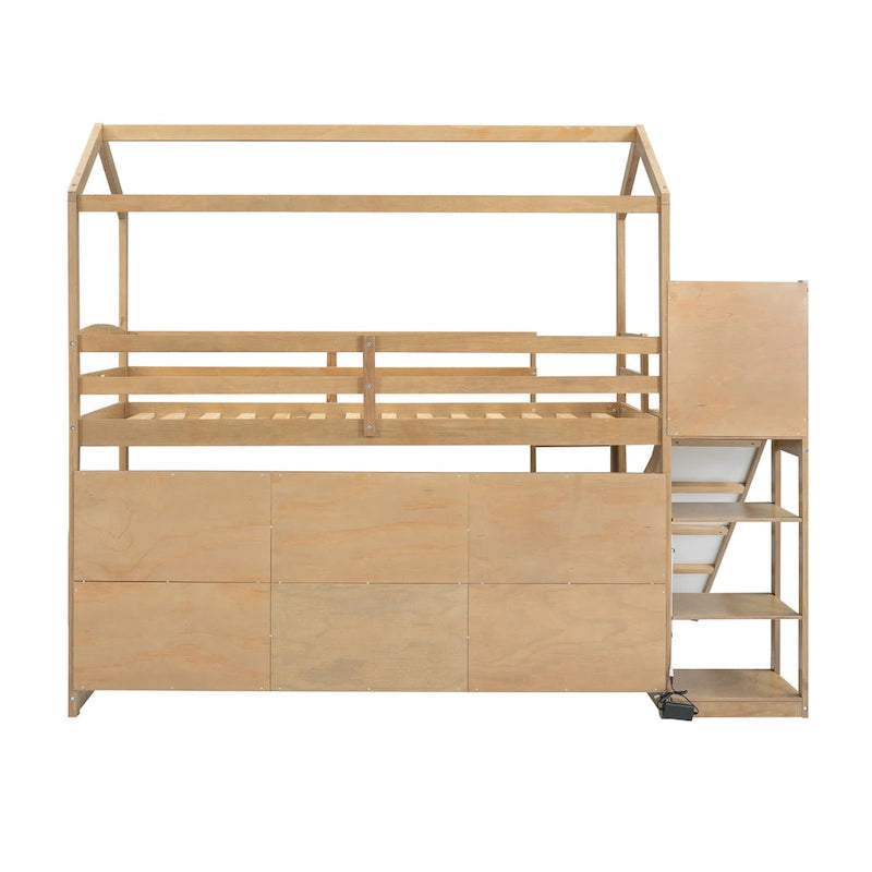 Natural Wood Kids House Loft Bed with Slide and Storage