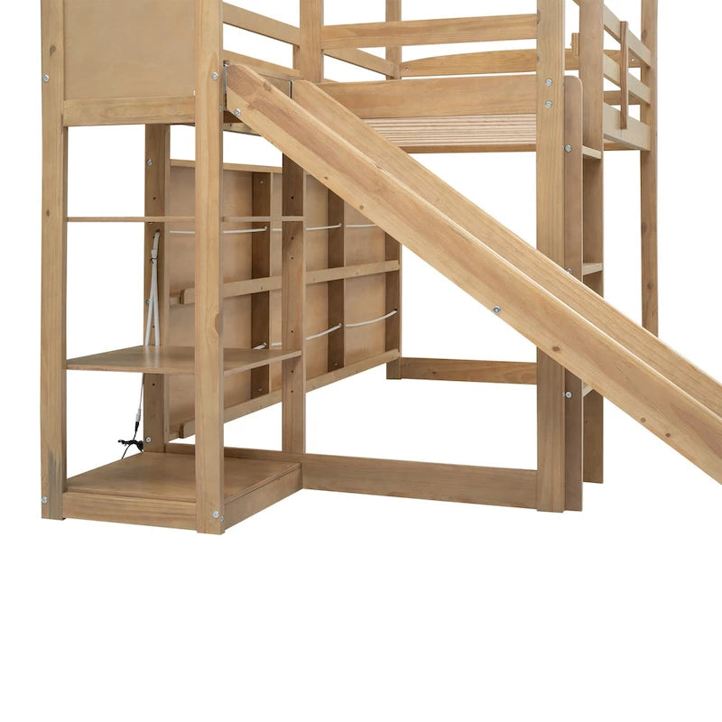 Natural Wood Kids House Loft Bed with Slide and Storage