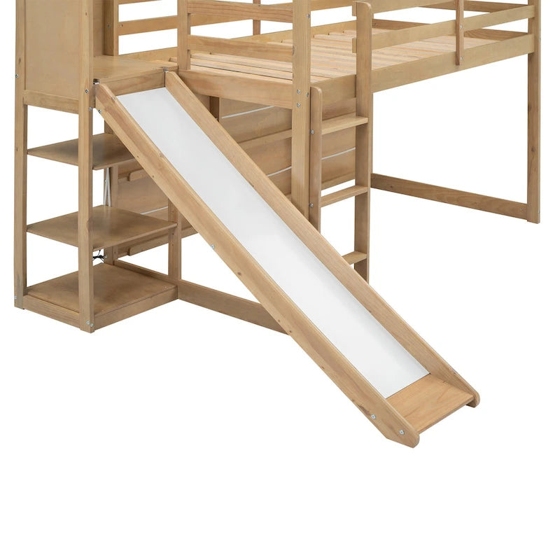 Natural Wood Kids House Loft Bed with Slide and Storage