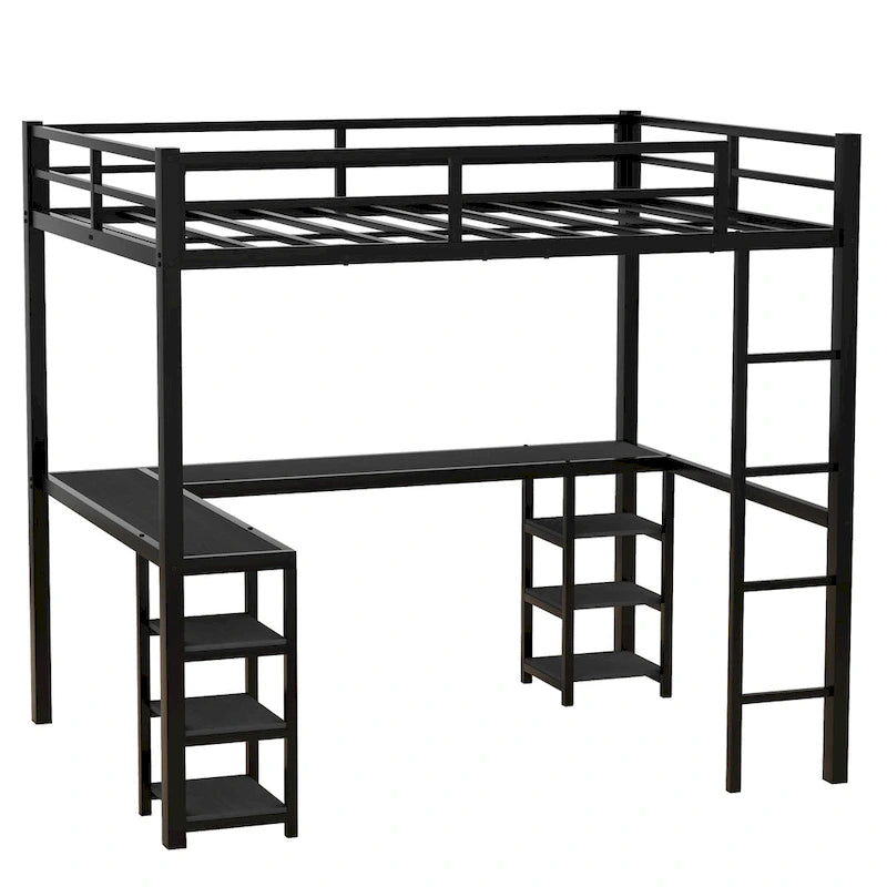 Full Metal Loft Bed with Desk & Shelves