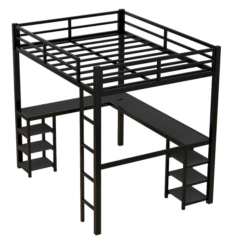 Full Metal Loft Bed with Desk & Shelves