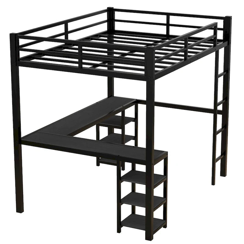 Full Metal Loft Bed with Desk & Shelves