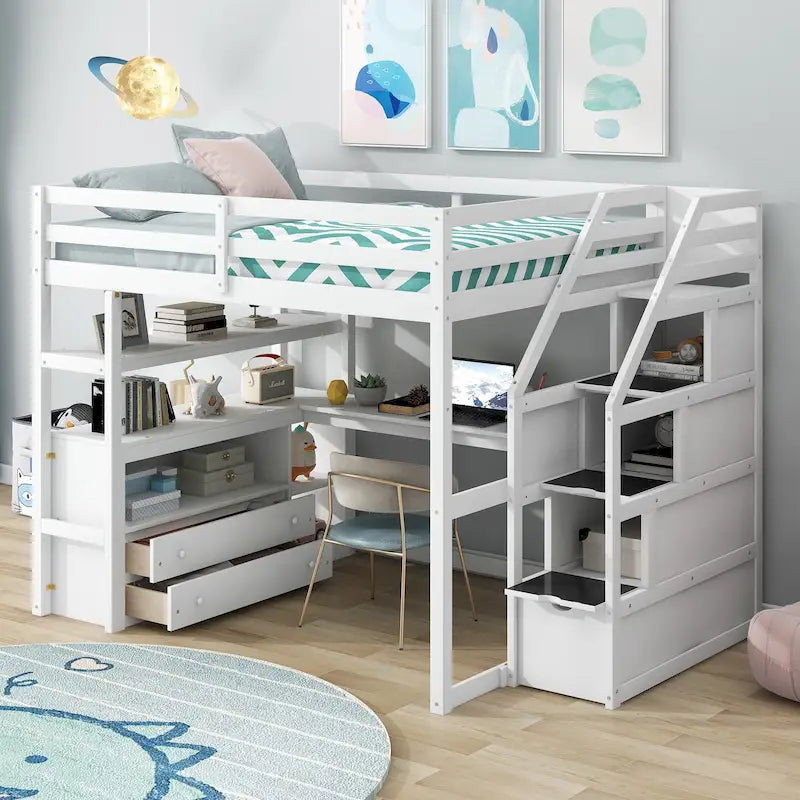 White Full Size Pine Loft Bed with Built-In Desk Shelves and Storage Drawers