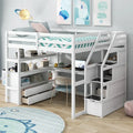 White Full Size Pine Loft Bed with Built-In Desk Shelves and Storage Drawers