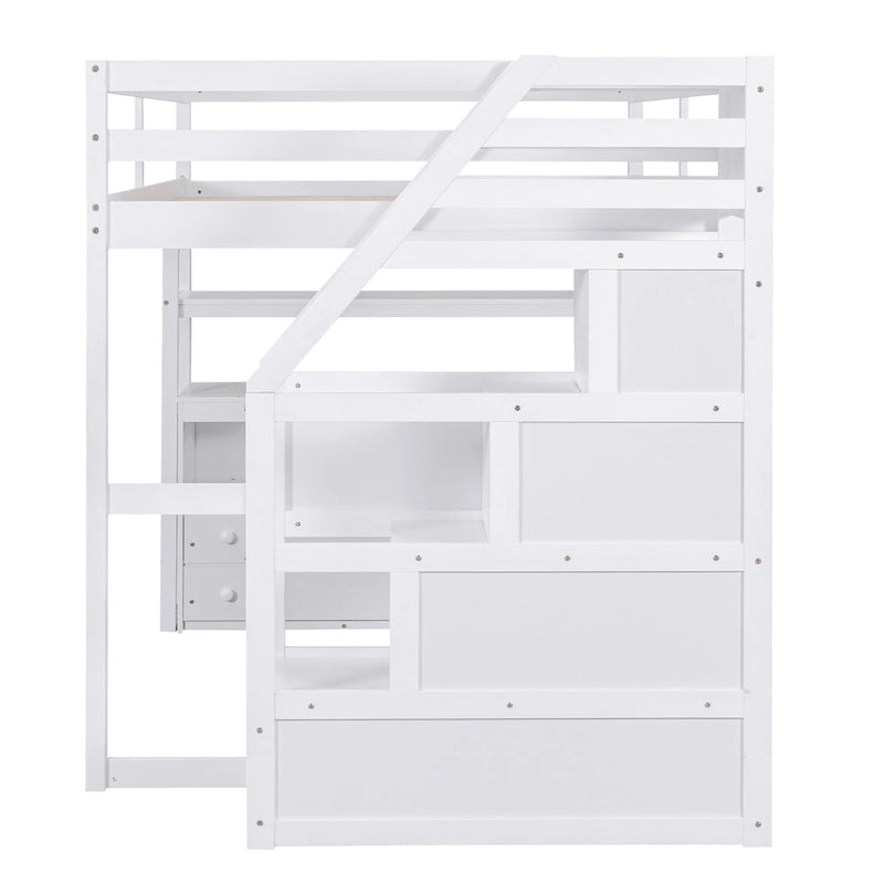 White Full Size Pine Loft Bed with Built-In Desk Shelves and Storage Drawers