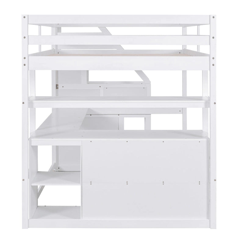 White Full Size Pine Loft Bed with Built-In Desk Shelves and Storage Drawers