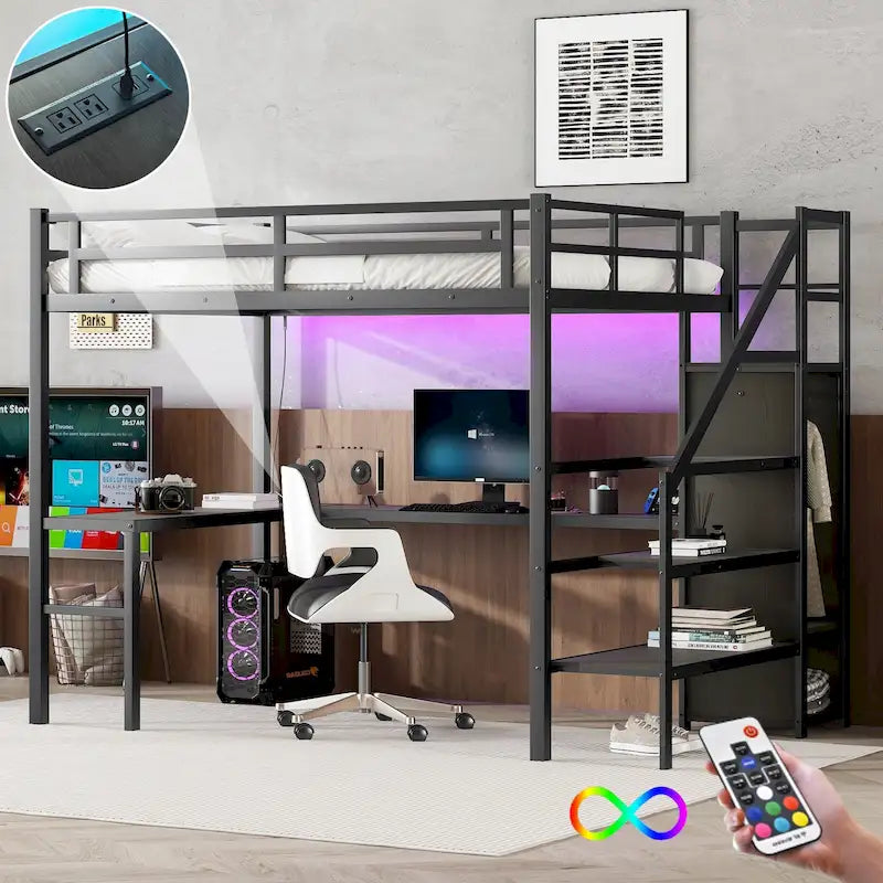 Black Metal Loft Bed with L-Shaped Desk, Stairs, USB Charging and LED Lights