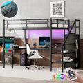 Black Metal Loft Bed with L-Shaped Desk, Stairs, USB Charging and LED Lights