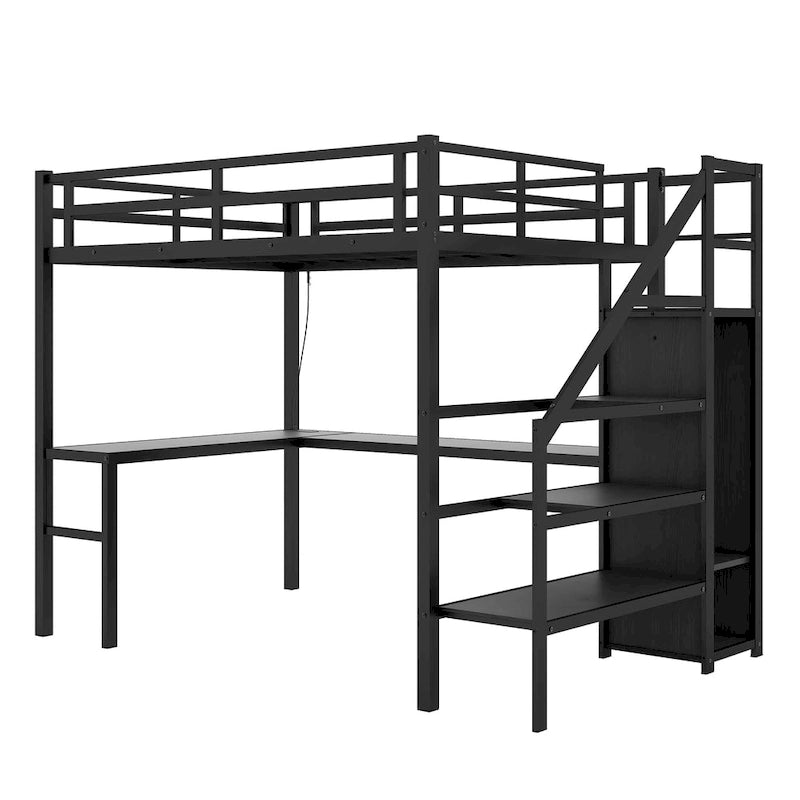 Black Metal Loft Bed with L-Shaped Desk, Stairs, USB Charging and LED Lights