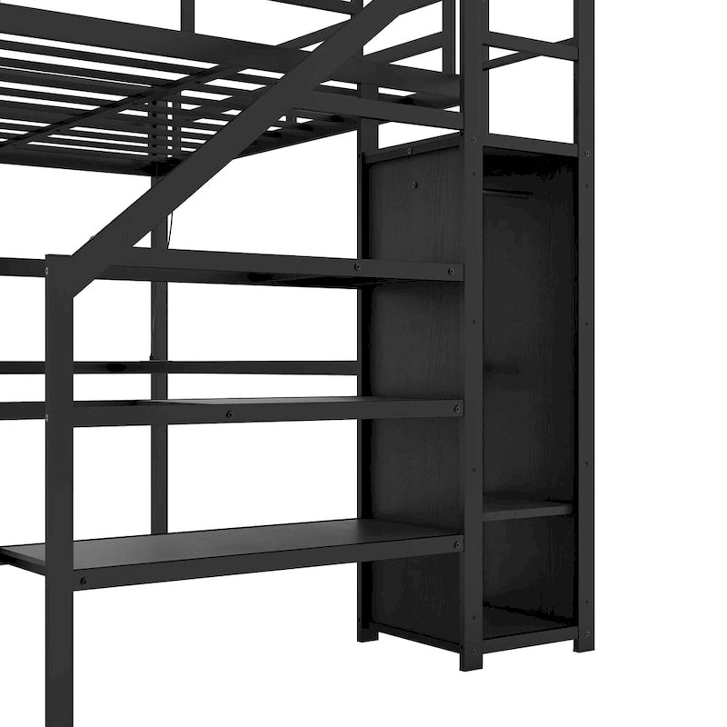 Black Metal Loft Bed with L-Shaped Desk, Stairs, USB Charging and LED Lights