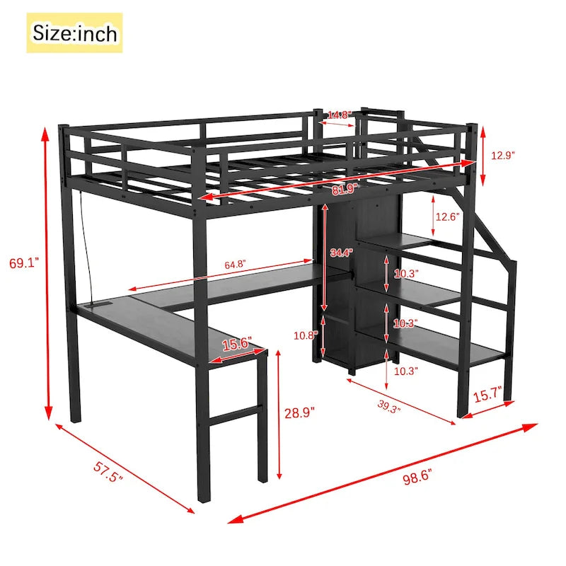 Black Metal Loft Bed with L-Shaped Desk, Stairs, USB Charging and LED Lights