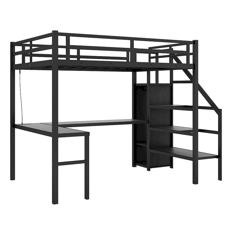 Black Metal Loft Bed with L-Shaped Desk, Stairs, USB Charging and LED Lights