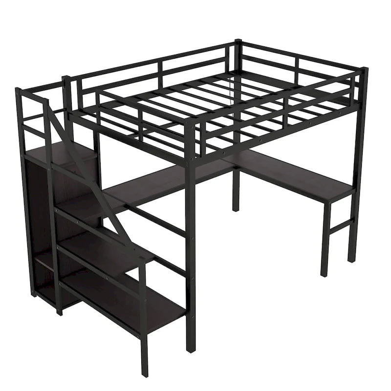 Black Metal Loft Bed with L-Shaped Desk, Stairs, USB Charging and LED Lights