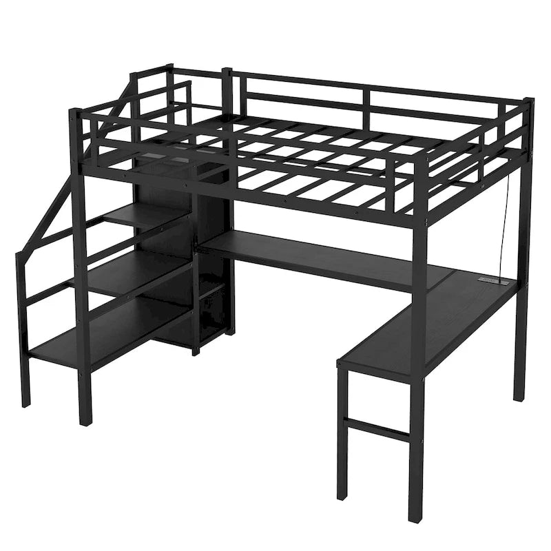 Black Metal Loft Bed with L-Shaped Desk, Stairs, USB Charging and LED Lights