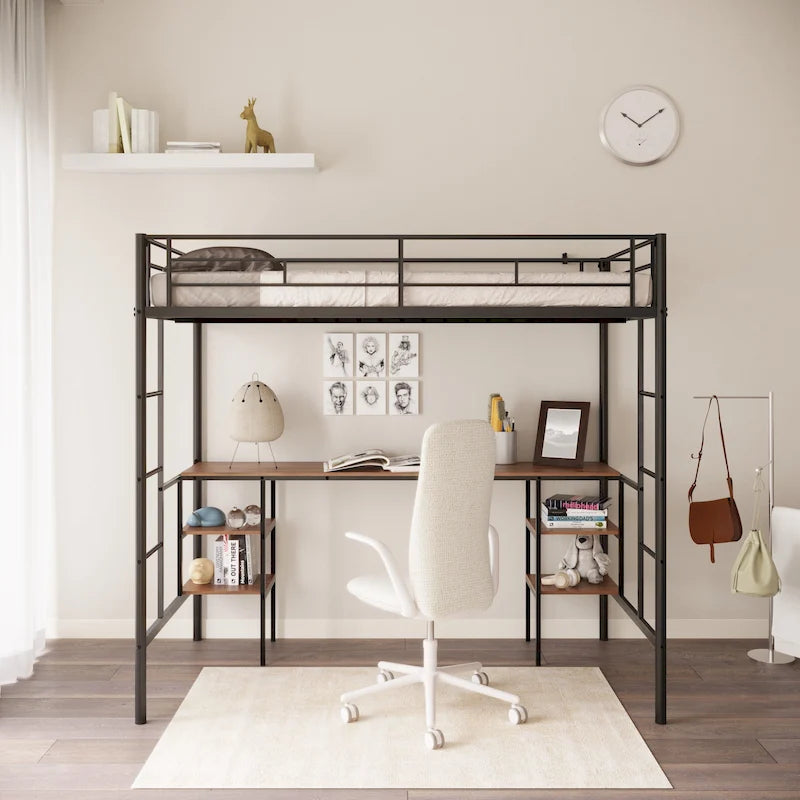 Black Metal Loft Bed with Built-In Desk and Storage Shelves