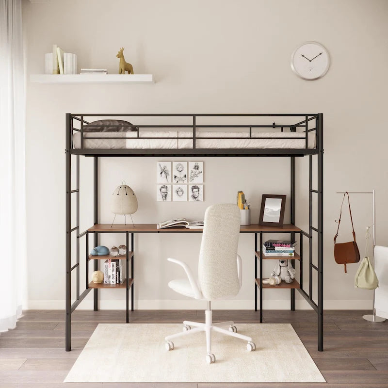 Twin Metal Loft Bed with Table & Shelves