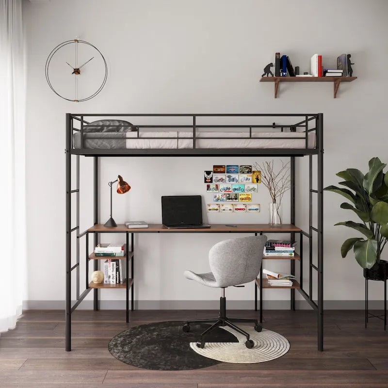 Black Metal Loft Bed with Built-In Desk and Storage Shelves