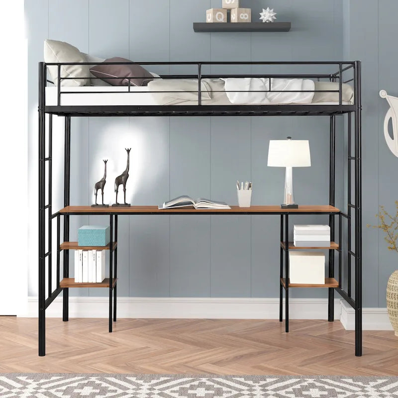 Black Metal Loft Bed with Built-In Desk and Storage Shelves