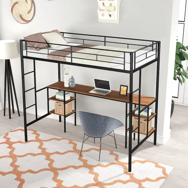 Black Metal Loft Bed with Built-In Desk and Storage Shelves