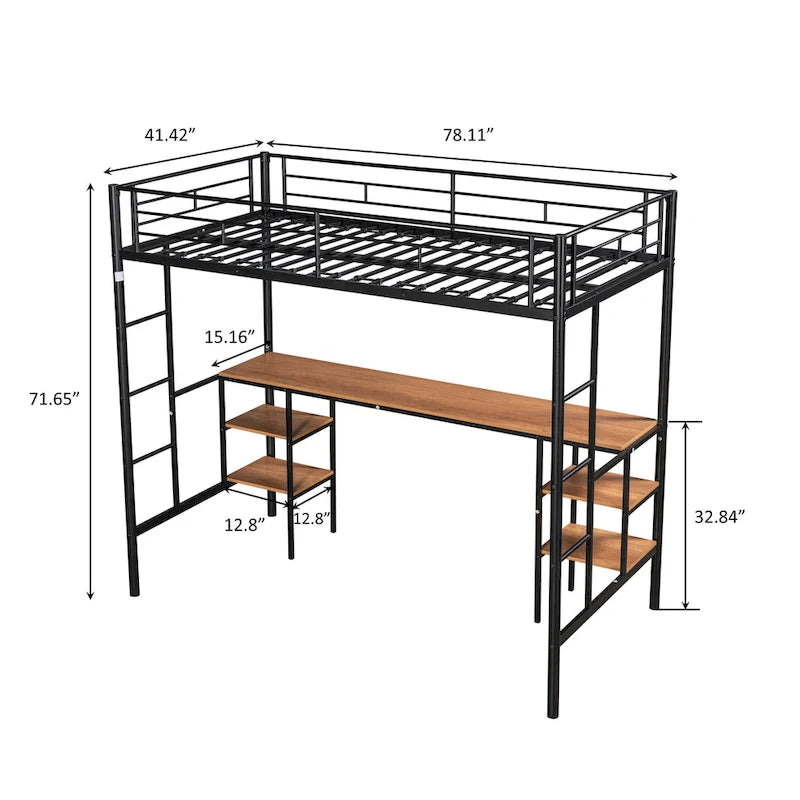 Black Metal Loft Bed with Built-In Desk and Storage Shelves