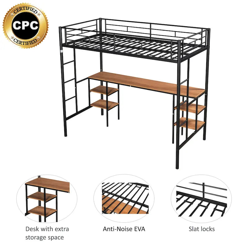 Black Metal Loft Bed with Built-In Desk and Storage Shelves