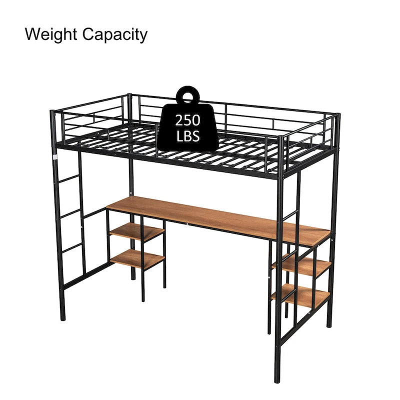 Black Metal Loft Bed with Built-In Desk and Storage Shelves