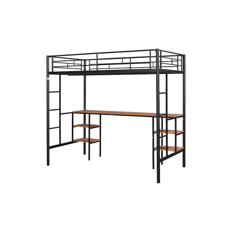 Black Metal Loft Bed with Built-In Desk and Storage Shelves