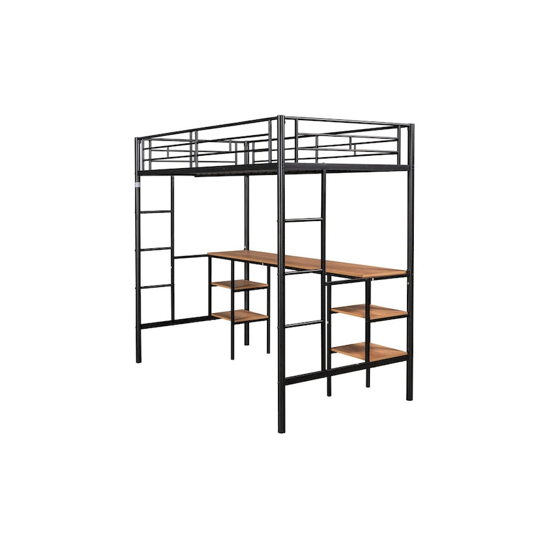 Black Metal Loft Bed with Built-In Desk and Storage Shelves