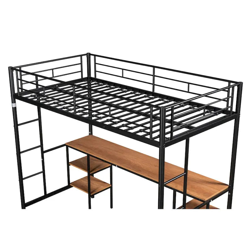 Black Metal Loft Bed with Built-In Desk and Storage Shelves