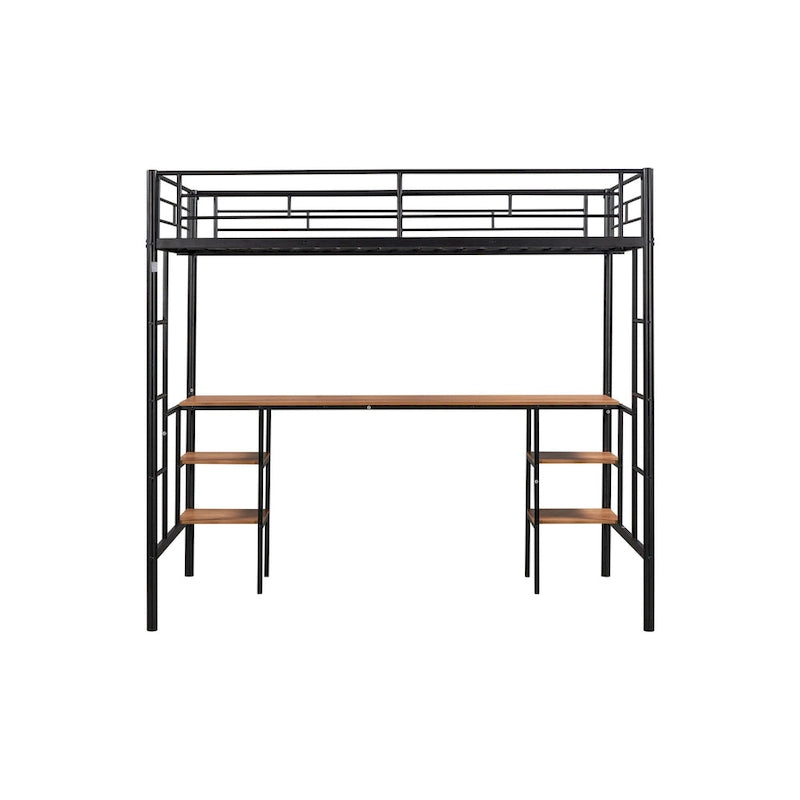 Black Metal Loft Bed with Built-In Desk and Storage Shelves