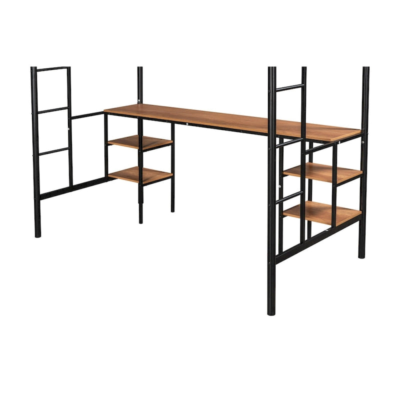 Black Metal Loft Bed with Built-In Desk and Storage Shelves