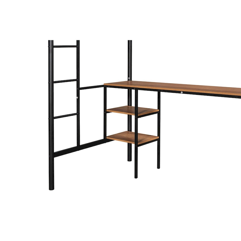 Black Metal Loft Bed with Built-In Desk and Storage Shelves