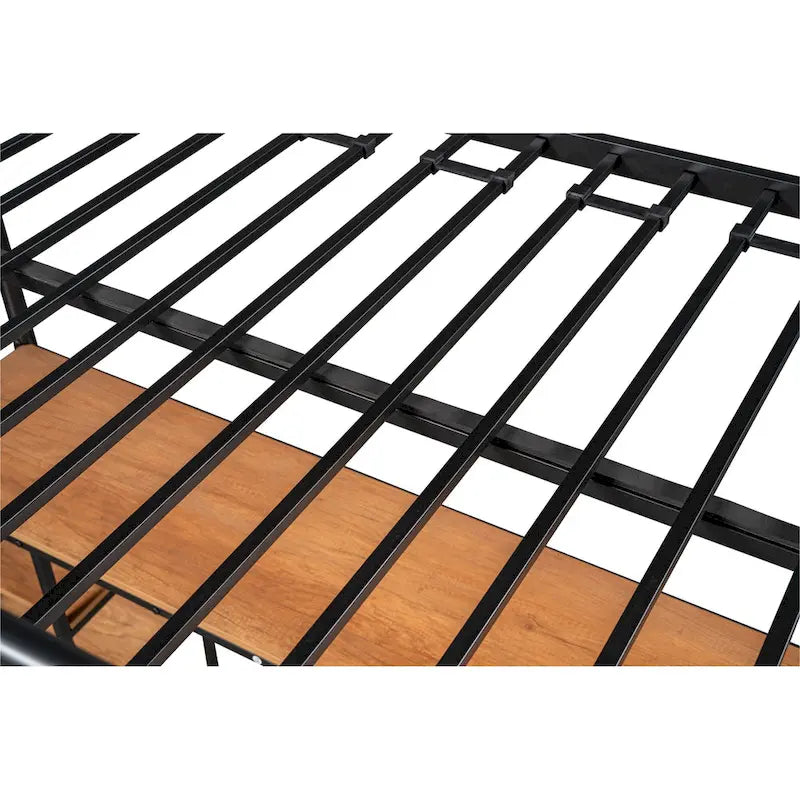 Black Metal Loft Bed with Built-In Desk and Storage Shelves
