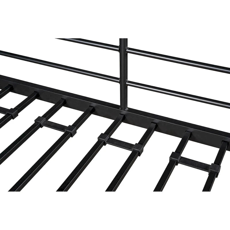 Black Metal Loft Bed with Built-In Desk and Storage Shelves