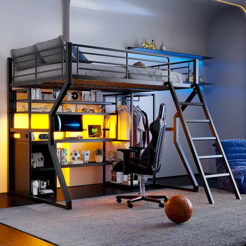 Black Metal Loft Bed with Desk LED Shelves Open Wardrobe