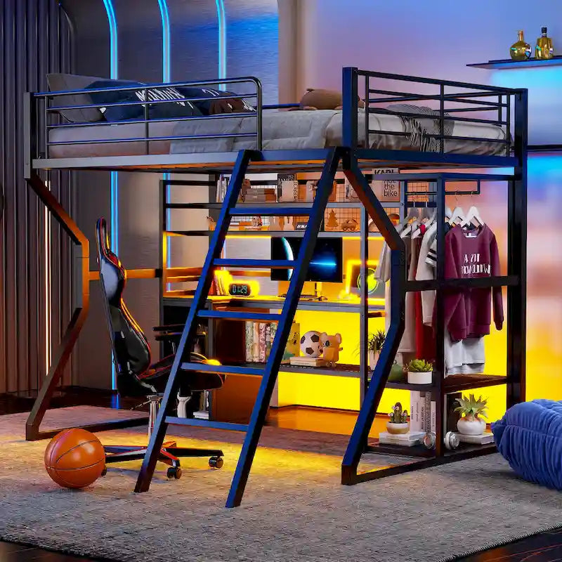 Black Metal Loft Bed with Desk LED Shelves Open Wardrobe