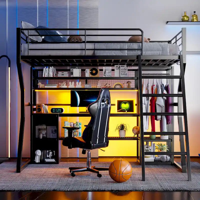 Black Metal Loft Bed with Desk LED Shelves Open Wardrobe