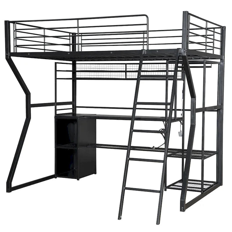 Black Metal Loft Bed with Desk LED Shelves Open Wardrobe