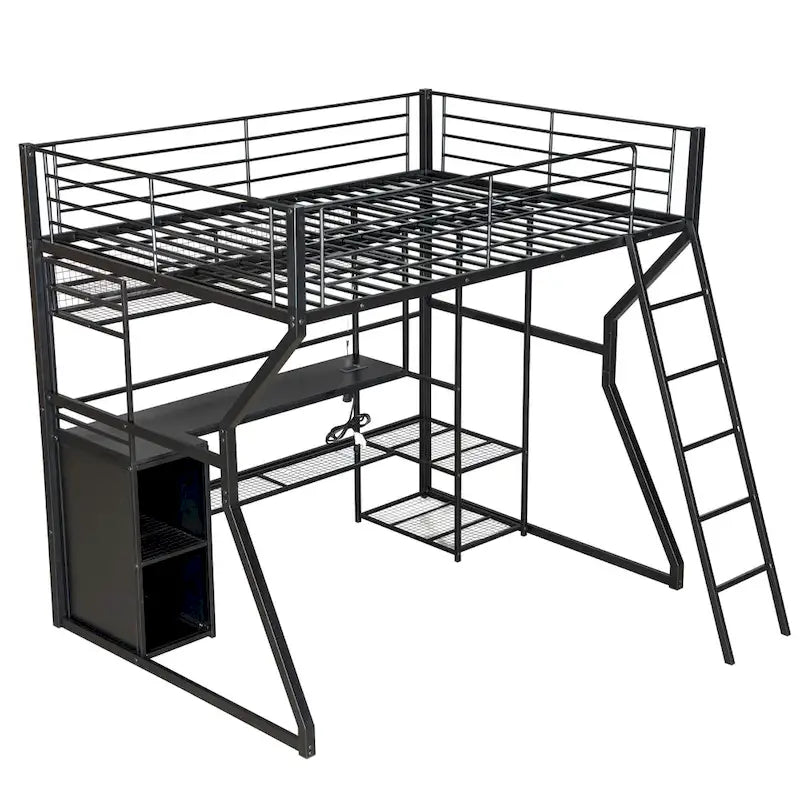 Black Metal Loft Bed with Desk LED Shelves Open Wardrobe