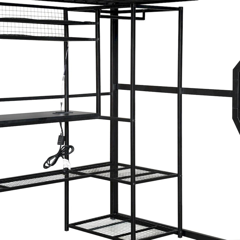 Black Metal Loft Bed with Desk LED Shelves Open Wardrobe