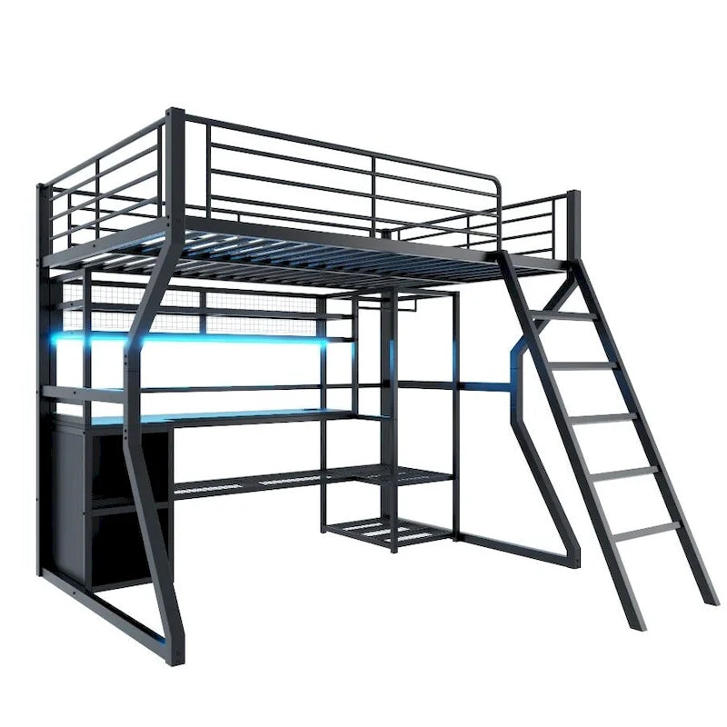 Black Metal Loft Bed with Desk LED Shelves Open Wardrobe