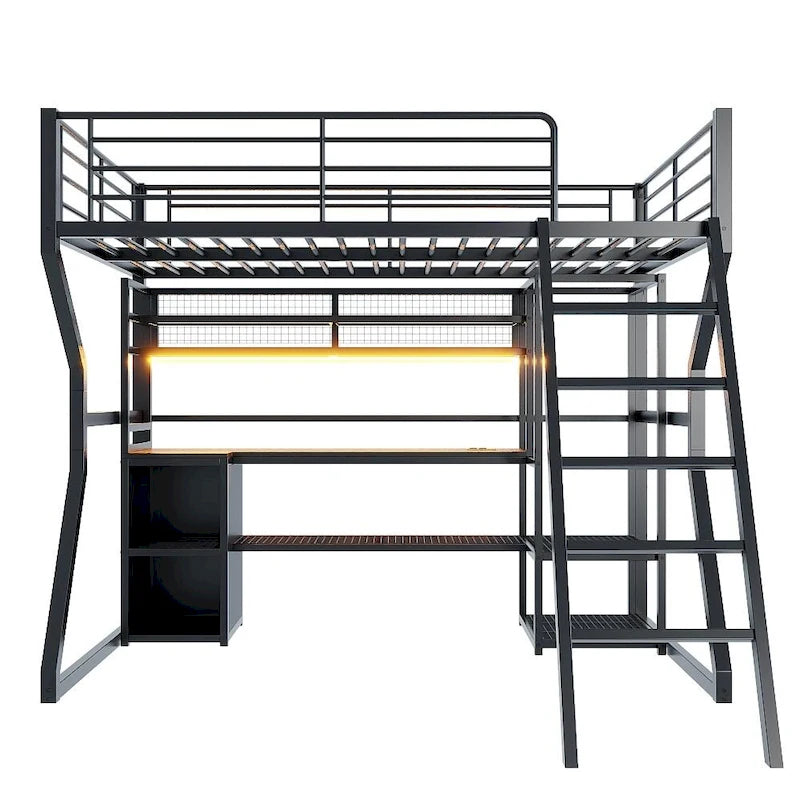 Black Metal Loft Bed with Desk LED Shelves Open Wardrobe